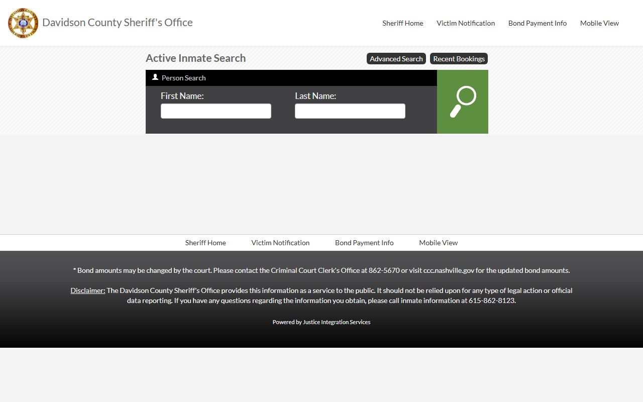Davidson County active inmate search portal for Nashville jail roster