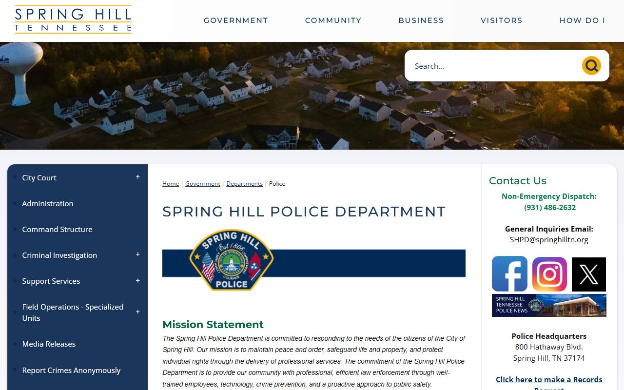 Spring Hill Police Department website for jail roster information