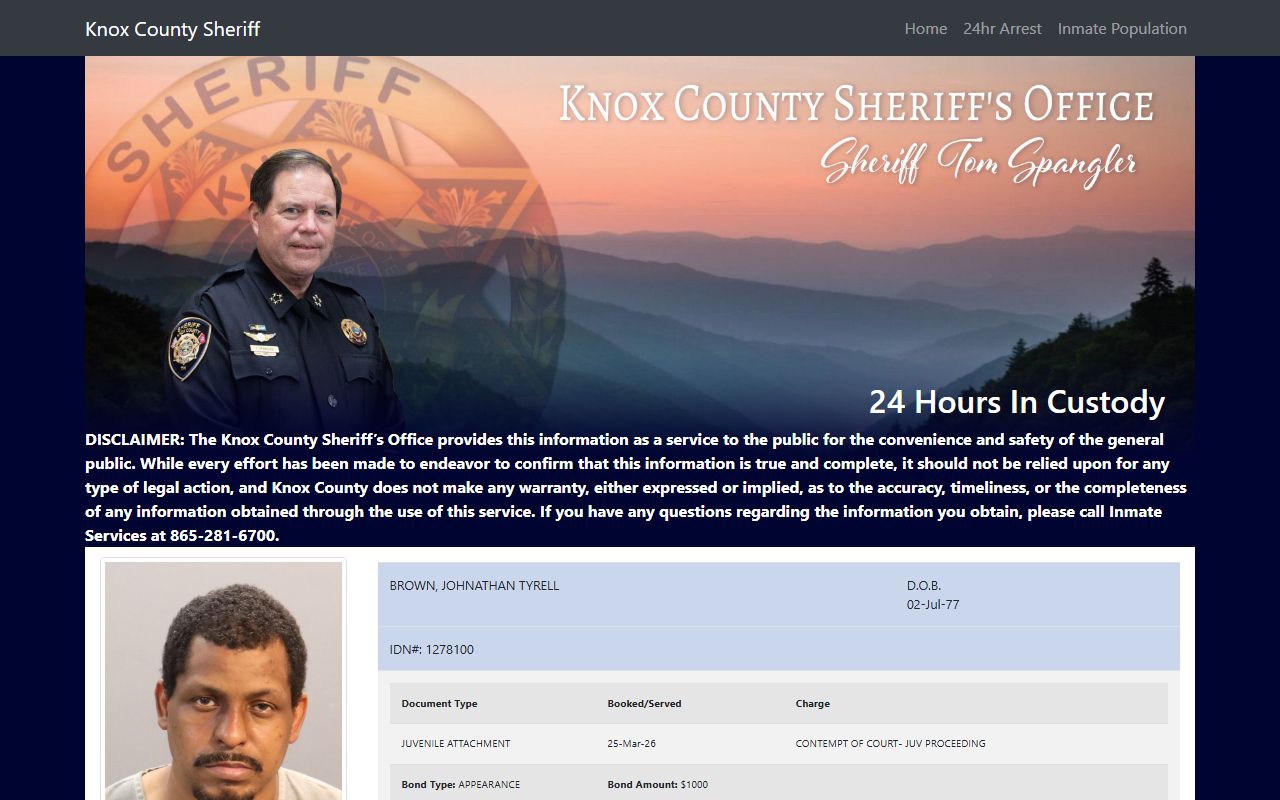 Knox County Sheriff 24 hour arrest listing for Knoxville jail roster