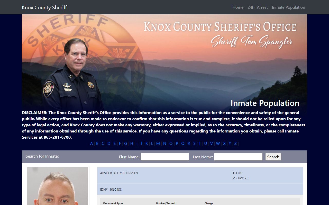 Knox County Sheriff inmate population search for Knoxville jail roster
