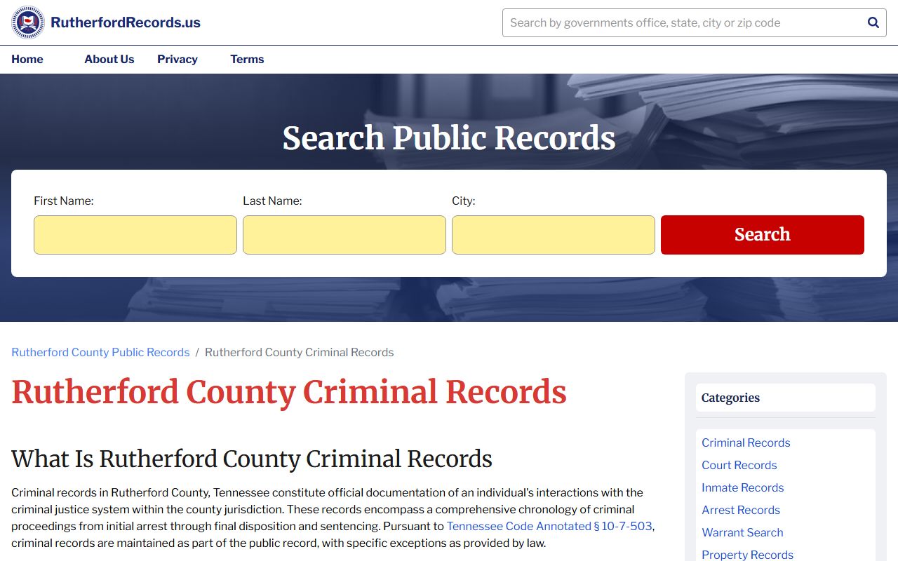 Rutherford County criminal records access page for jail roster