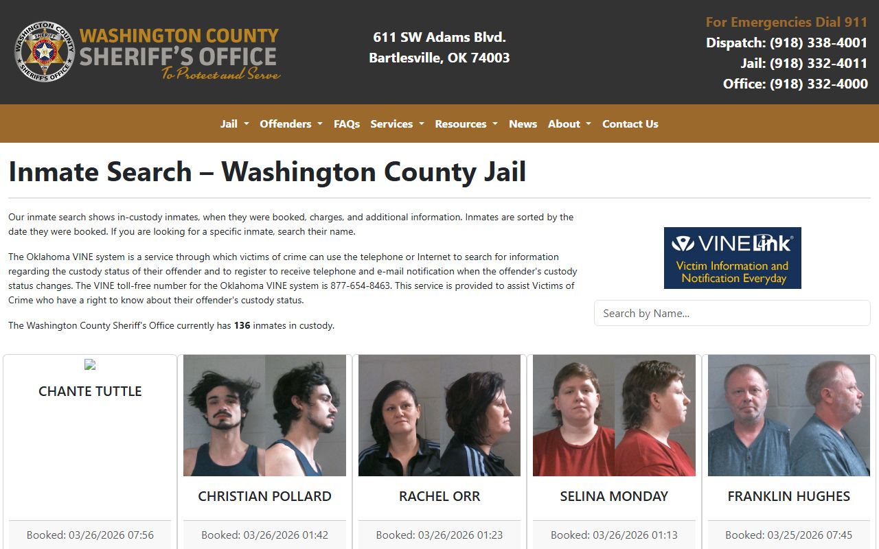 Washington County Sheriff's Office inmate search for jail roster