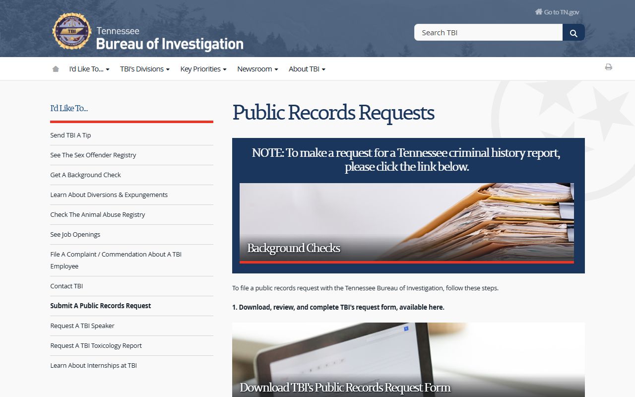 Tennessee TBI public records request form for jail roster